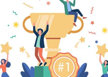 Team of happy employees winning award