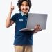 Asian,Indian,School,Kid,Holding,And,Using,Laptop,While,Standing