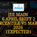 JEE Main 6 April shift 2 Percentile vs Marks 2026 (Expected)